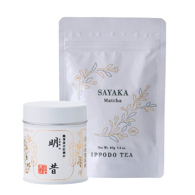 White Sayaka Matcha 40g can packaging beside 40g bag packaging  with gold leaf designs by IPPODO TEA