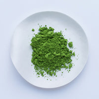 Bright green loose Japanese Ippodo Tea Shoin matcha powder on white plate on white table