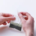 Two hands holding translucent Drip Teabag with bright green leaves inside and removing seal to be able to spread open teabag