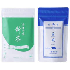 Bright green and white pouch of Uji Shincha tea with white Japanese writing beside blue package of Kumpu premium sencha tea