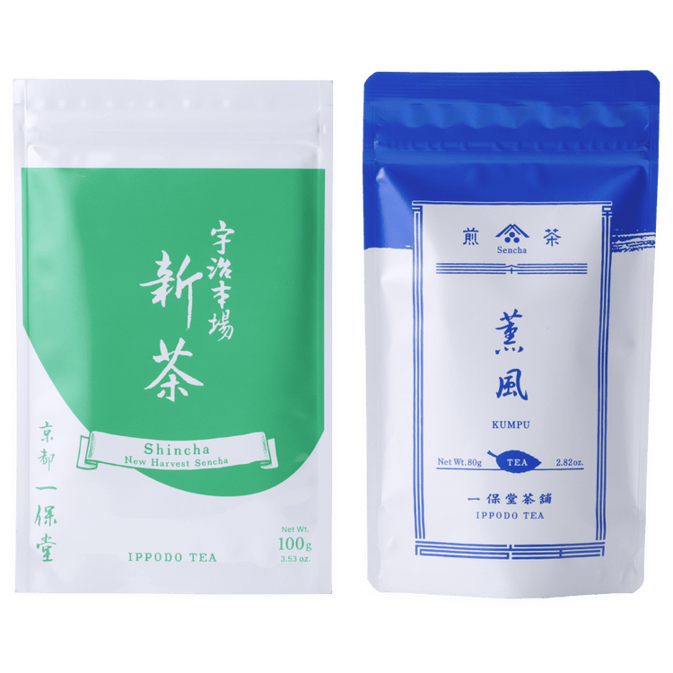 Bright green and white pouch of Uji Shincha tea with white Japanese writing beside blue package of Kumpu premium sencha tea
