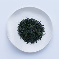 Loose leaf darker green rolled dried Ippodo Tenka-Ichi Gyokuro premium Japanese green tea on white plate on white table