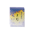 Front view of unopened tea box with blue and yellow geometric pattern, flowers and Japanese and English text - thumbnail 1