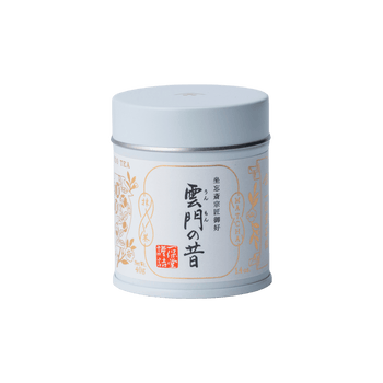 Brand new unopened large tin can of Ippodo Tea Ummon matcha with Japanese characters and gold leaf embossed on white