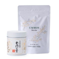 White Ummon Matcha 40g can packaging beside 40g bag packaging  with gold leaf designs by IPPODO TEA