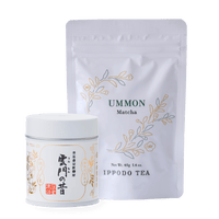 White Ummon Matcha 40g can packaging beside 40g bag packaging  with gold leaf designs by IPPODO TEA