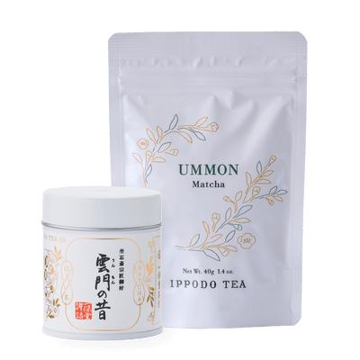 White Ummon Matcha 40g can packaging beside 40g bag packaging  with gold leaf designs by IPPODO TEA