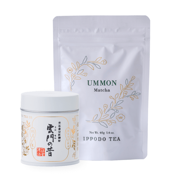 White Ummon Matcha 40g can packaging beside 40g bag packaging  with gold leaf designs by IPPODO TEA