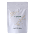 White resealable 40 gram bag of Ippodo Ummon matcha with gold and green floral design and text