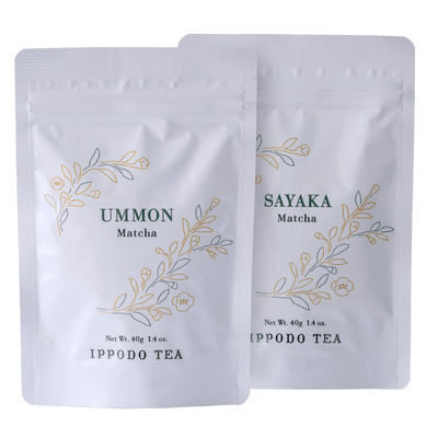 Two white 40g bag tea packages labeled 'Ummon' and 'Sayaka' from Ippodo Tea with gold leaf designs