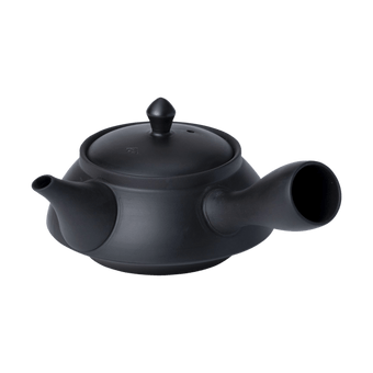 Matte black Japanese kyusu 8 ounce teapot by Ippodo Tea. Right side handle kyusu for brewing traditional Japanese green tea.