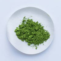 Bright green loose Japanese Ippodo Tea Wakaki matcha powder on white plate on white table