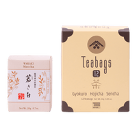Two beige Ippodo tea packaging boxes, one for Wakaki matcha with Japanese characters and one for a Teabag Assortment containing three types of tea.