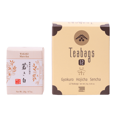 Two beige Ippodo tea packaging boxes, one for Wakaki matcha with Japanese characters and one for a Teabag Assortment containing three types of tea.