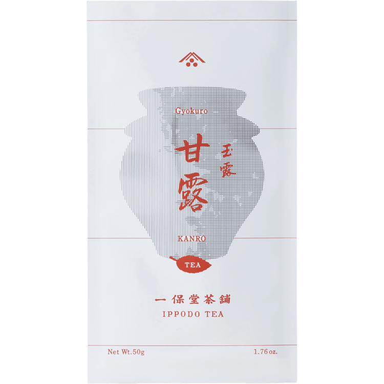 White simple traditional packaging bag with Japanese characters for Ippodo Tea Co. top-recommended Kanro gyokuro 