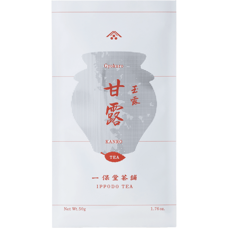 White simple traditional packaging bag with Japanese characters for Ippodo Tea Co. top-recommended Kanro gyokuro