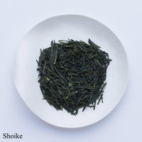 White plate of dark green classic loose leaf Ippodo Tea Shoike Sencha Japanese tea leaves on white table