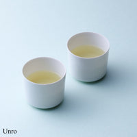 Two modern white porcelain teacups with straight sides containing light golden brewed Unro sencha tea by Ippodo Tea