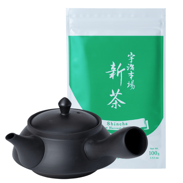 Ippodo Tea Shincha new harvest tea bag with a black kyusu teapot. Fresh Japanese green tea.
