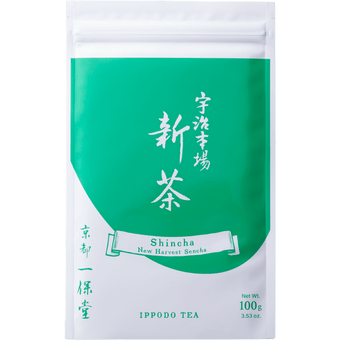 Flat bright green and white packaging bag for Uji-Shincha with white Japanese and English writing 