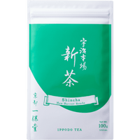 Flat bright green and white packaging bag for Uji-Shincha with white Japanese and English writing 