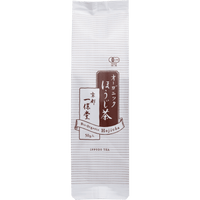 White and brown iconic packaging for Ippodo Tea Co. Organic Hojicha roasted green tea with Japanese writing and dashed lines 