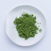 Bright lush green loose Japanese Sayaka matcha powder by Ippodo Tea on small white plate sitting on white table