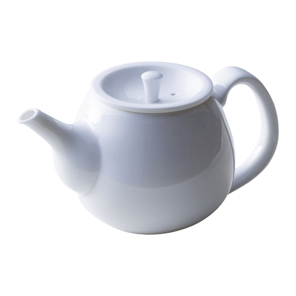 Front view of sleek refined snow white glazed porcelain symmetrical shape Japanese Hasami-yaki kyusu teapot