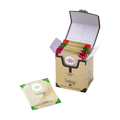 Box of assorted teabags with a single sencha teabag on a white background