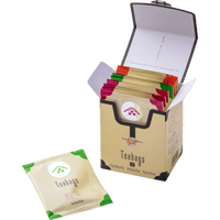Box of assorted teabags with a single sencha teabag on a white background