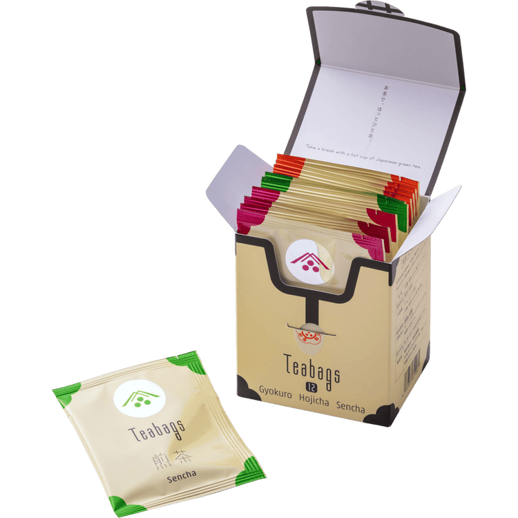 Box of assorted teabags with a single sencha teabag on a white background