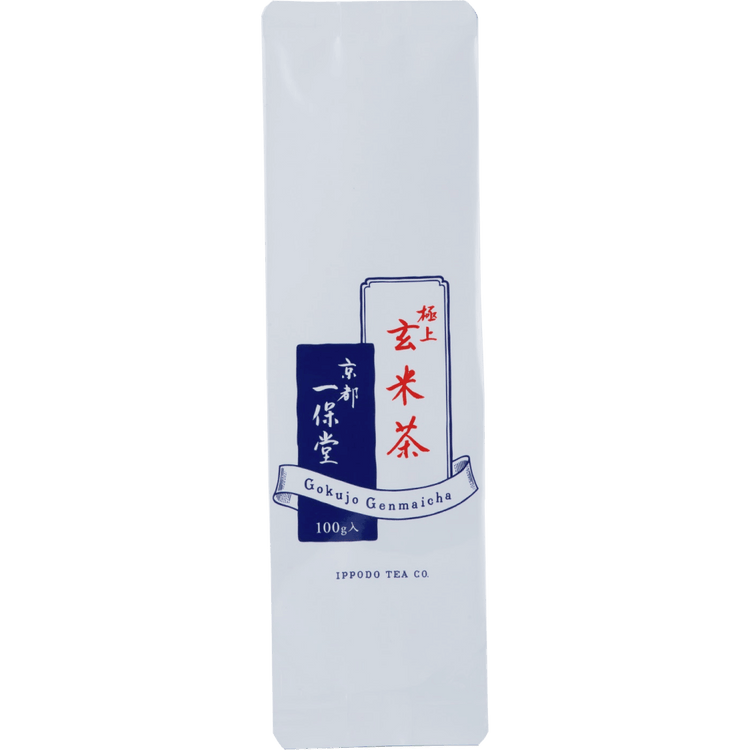 White and blue simple packaging and Japanese characters for Ippodo Tea Co. Kuki Hojicha roasted bancha green tea stems
