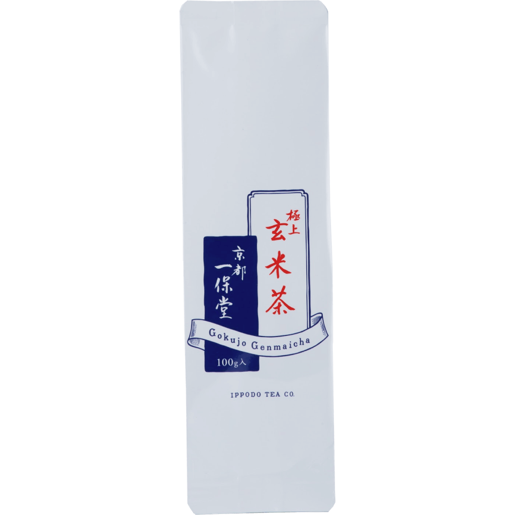 White and blue simple packaging and Japanese characters for Ippodo Tea Co. Kuki Hojicha roasted bancha green tea stems