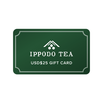 Green gift card that reads 'IPPODO TEA USD$25 GIFT CARD' with Ippodo Tea logo and white border against white background