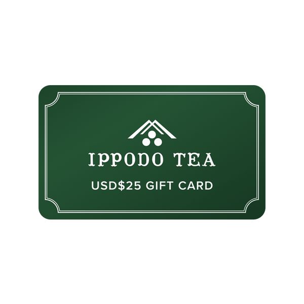 Green gift card that reads 'IPPODO TEA USD$25 GIFT CARD' with Ippodo Tea logo and white border against white background