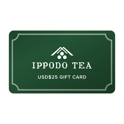 Green gift card that reads 'IPPODO TEA USD$25 GIFT CARD' with Ippodo Tea logo and white border against white background