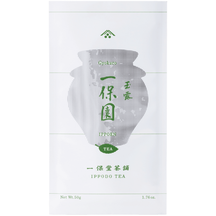 White simple traditional packaging bag with Japanese characters for Ippodo Tea Co. high-grade Ippoen gyokuro green tea