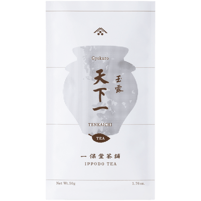 White packaging bag for Tenka-Ichi Gyokuro by Ippodo Tea with grey pointillism teapot and brown writing and designs