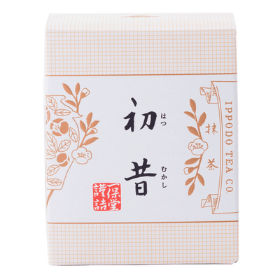 Brand new unopened cream colored traditionally-decorated Japanese box of Ippodo Hatsu matcha green tea powder