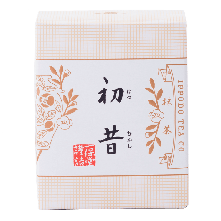 Brand new unopened cream colored traditionally-decorated Japanese box of Ippodo Hatsu matcha green tea powder