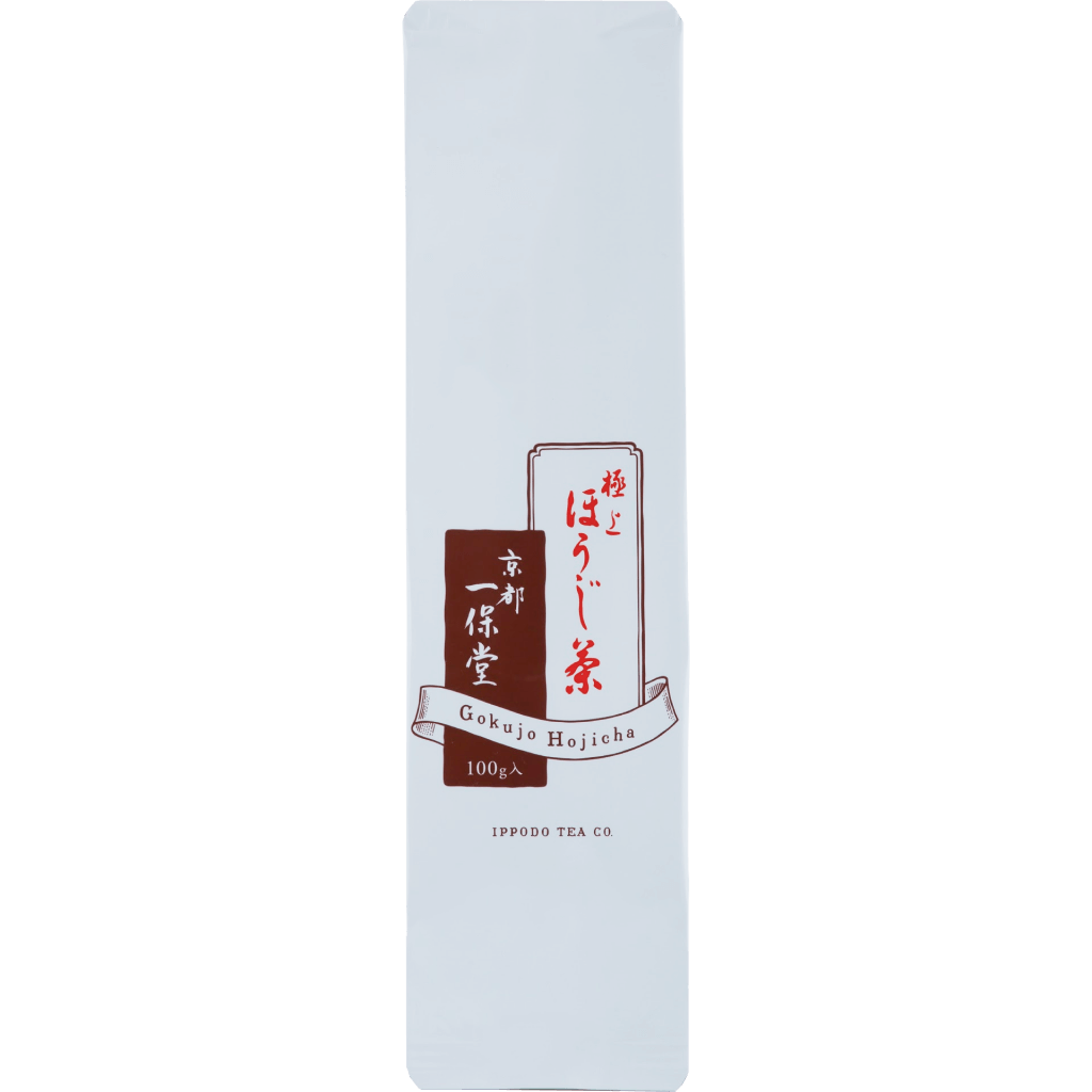 White simple packaging with Japanese characters for Ippodo Tea Co. Gokujo Hojicha roasted green tea leaves and stems