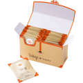 Open cream box containing 25 individually wrapped Hojicha Teabags beside one teabag packet with orange corners and Ippodo logo