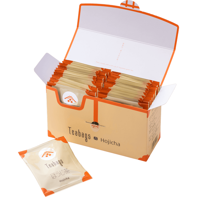 Open cream box containing 25 individually wrapped Hojicha Teabags beside one teabag packet with orange corners and Ippodo logo