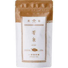 White packaging with bronze faux-painted details of Hosen Sencha classic Japanese green tea 80g bag by Ippodo Tea Co.