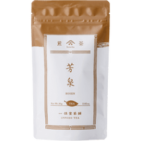 White packaging with bronze faux-painted details of Hosen Sencha classic Japanese green tea 80g bag by Ippodo Tea Co.