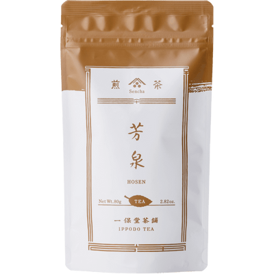 White packaging with bronze faux-painted details of Hosen Sencha classic Japanese green tea 80g bag by Ippodo Tea Co.