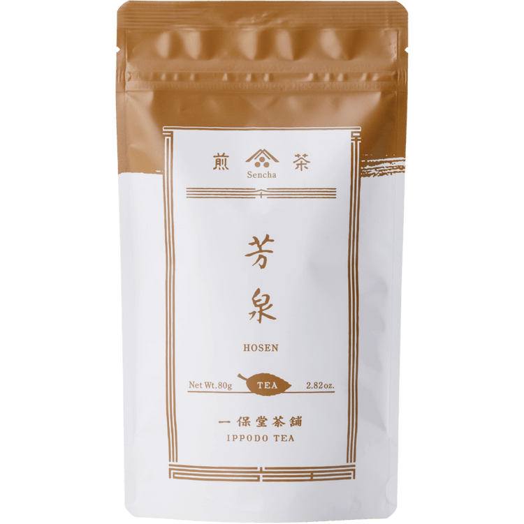 White packaging with bronze faux-painted details of Hosen Sencha classic Japanese green tea 80g bag by Ippodo Tea Co.