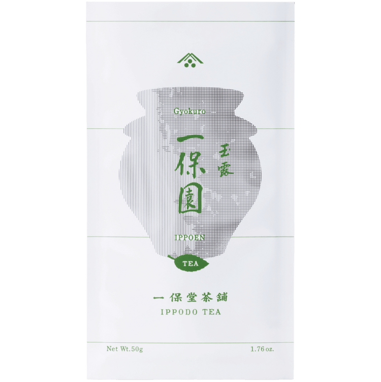 White simple traditional packaging bag with Japanese characters for Ippodo Tea Co. high-grade Ippoen gyokuro green tea