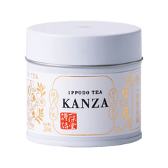 Brand new unopened ornate tin of premium Kanza matcha by Ippodo Tea with Japanese characters and gold flowers leafs on label