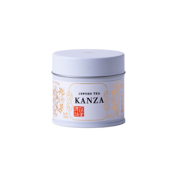 Brand new unopened ornate tin of premium Kanza matcha by Ippodo Tea with Japanese characters and gold flowers leafs on label